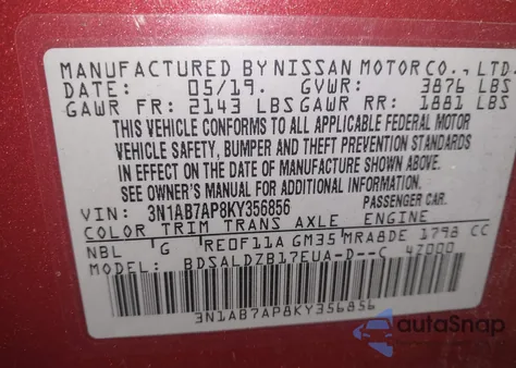 2019 Nissan Sentra Sv z USA, uszkodzony, nr VIN 3N1AB7AP8KY356856